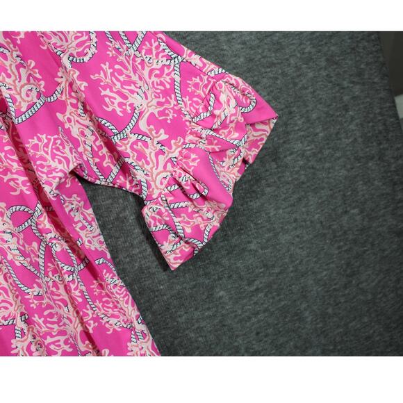 Lulu B 1X Pink Coral Print Blouse V-Neck 3/4 Sleeve Ruffle Cuff Top - Picture 4 of 6